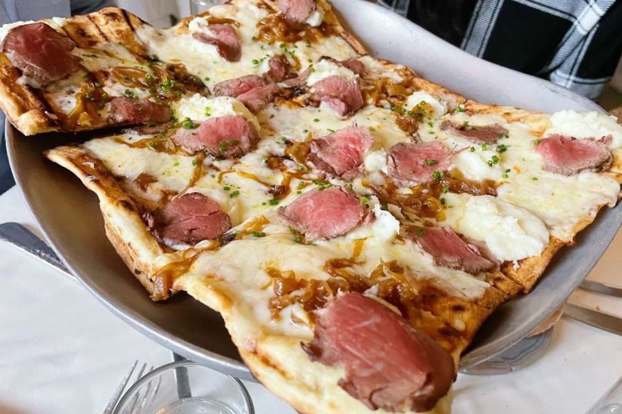 A flatbread, beef tenderloin pizza from Mistral