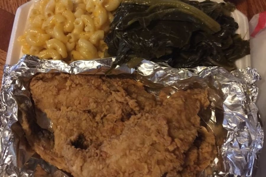 fried chicken, collard greens, and mac and cheese. from butter's soul food to go in philadelphia