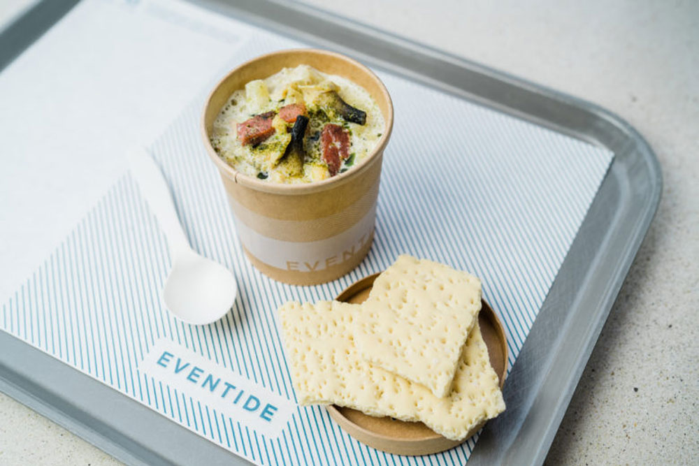 clam chowder and saltine crackers from Eventide Fenway in Boston