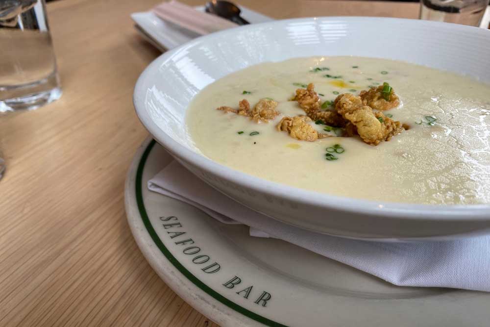 clam chowder topped with fried oysters from Saltie Girl in Boston