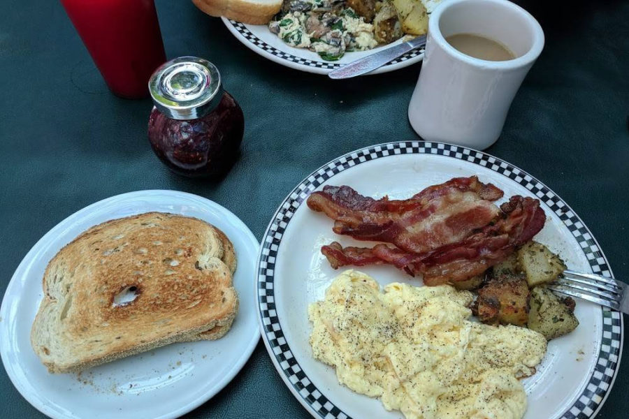 coffee, toast, eggs, bacon, and potatoes from big kitchen breakfast and burgers in san diego