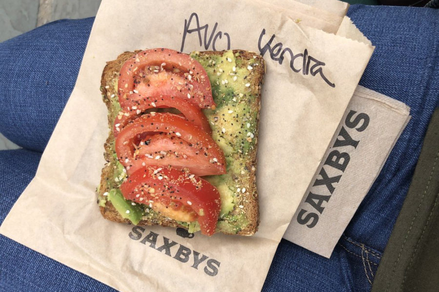 avocado toast with tomato from Saxby's Coffee and Bakery in DC