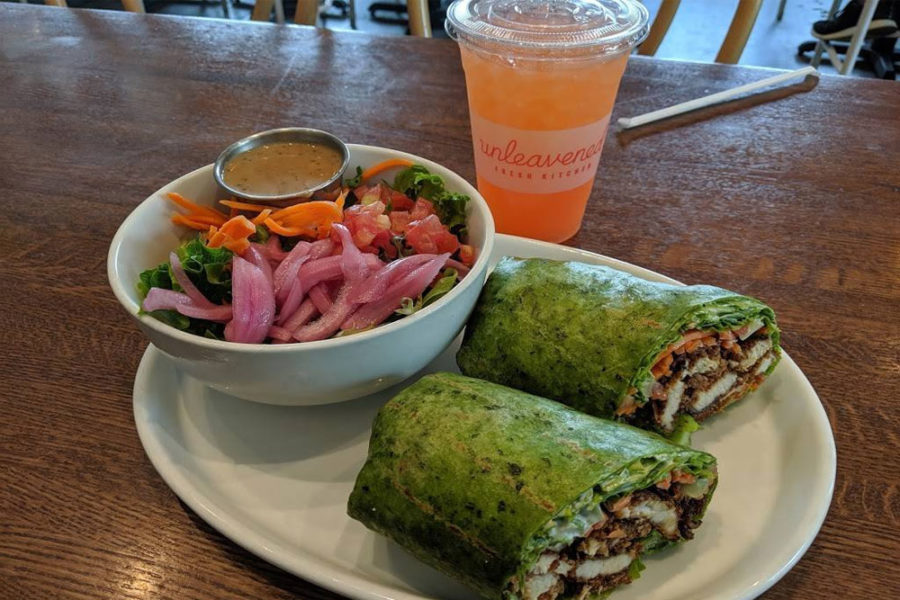 wrap, salad, and beverage from unleavened fresh kitchen in dallas