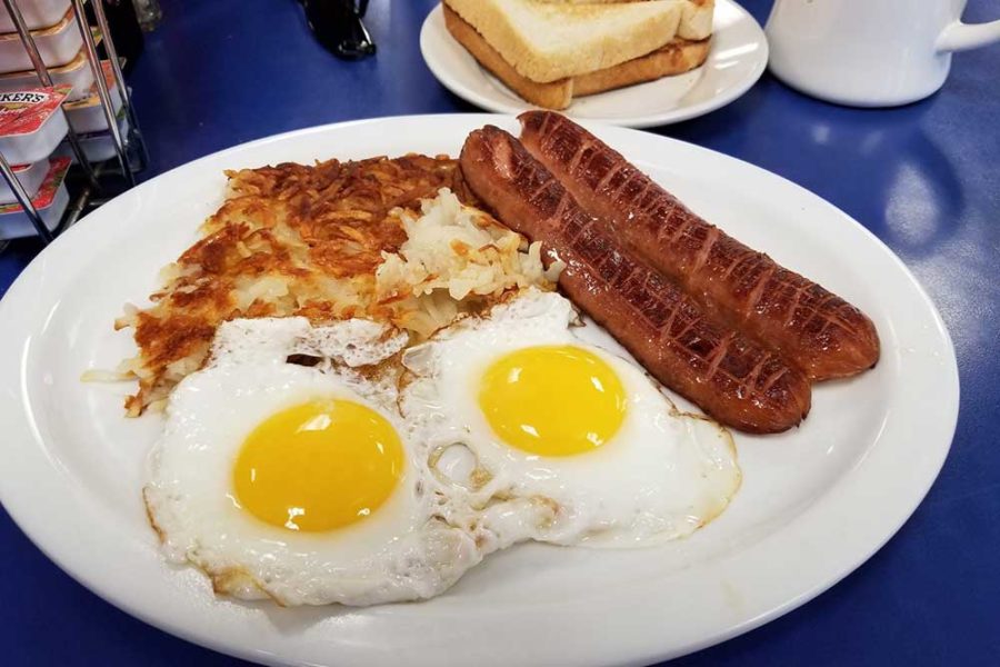 eggs, hashbrowns, and half smoke from bob and edith's in DC