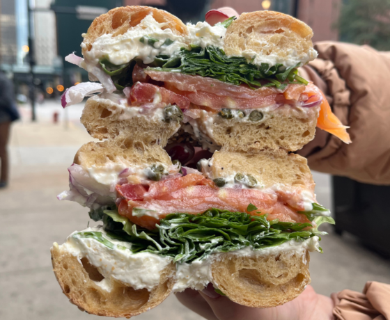 everything bagel with lox, arugula, onion, tomato, capers and cream cheese from Gotham bagels in Chicago