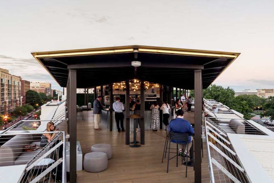 rooftop bar and dining area at hotel hive DC
