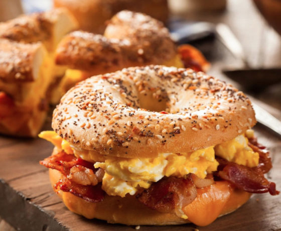 everything breakfast bagel with egg and bacon from bagel bin and deli in charlotte