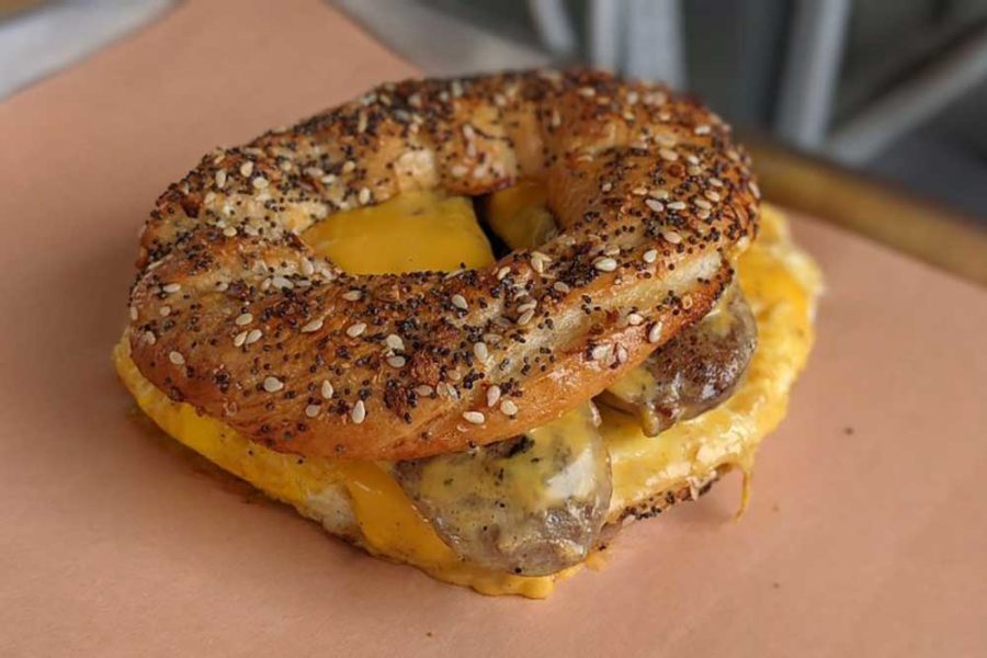 sausage, egg and cheese on an everything bagel from good wurst bagel in Charlotte, nc