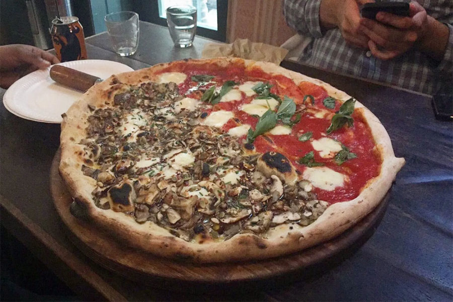 half mushroom pizza and half margherita pizza from homeslice in chicago