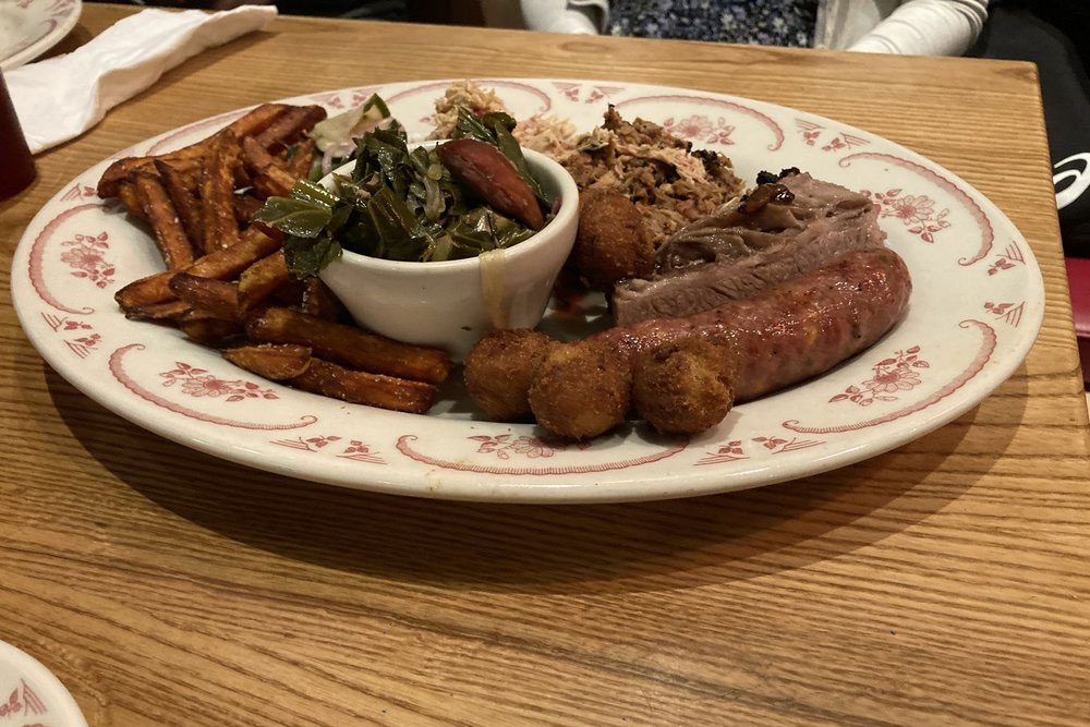 BBQ Plate with Collard Greens, Sausage, Fries, and BBQ from Midwood Smokehouse, Charlotte, NC