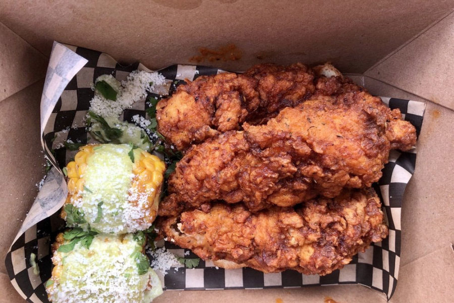 fried chicken with side of corn from sisters and brothers in seattle