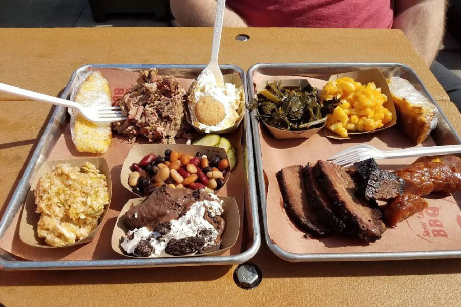 two bbq trays with sides from sweet lew's bbq in charlotte