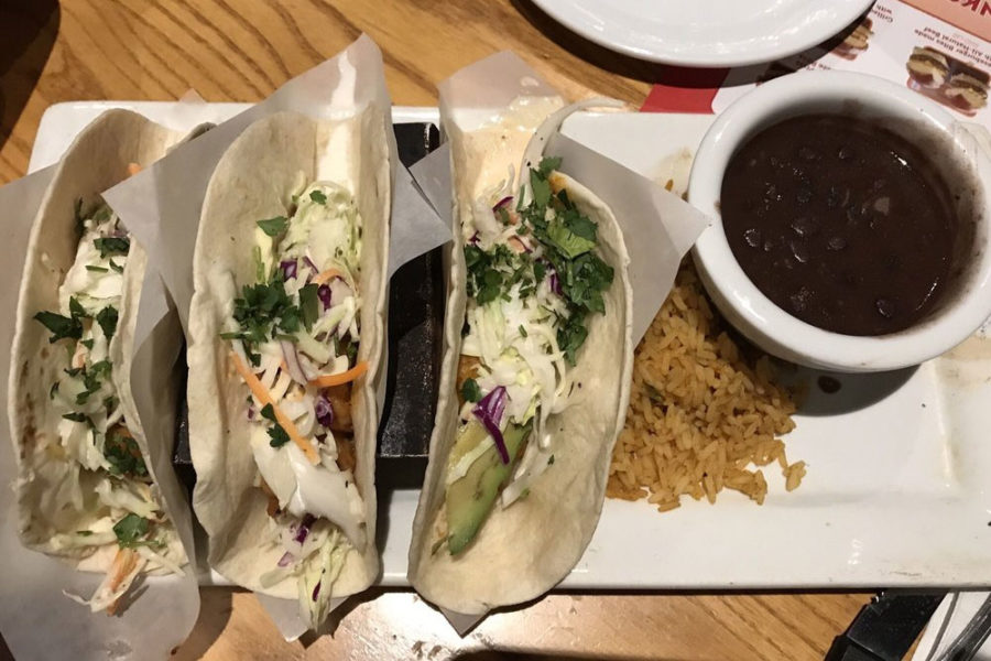 flour tortilla tacos with side of beans and rice from urban pita in tucson