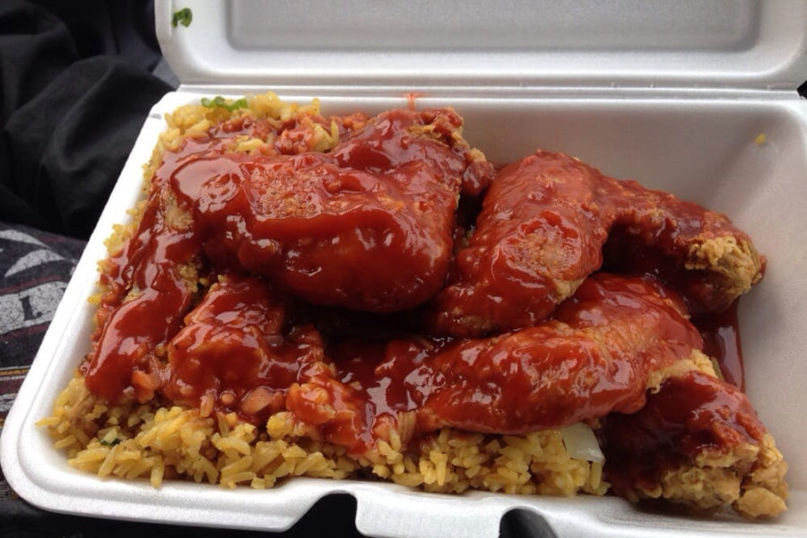 rice and wings slathered in mumbo sauce from yum's II carryout in DC