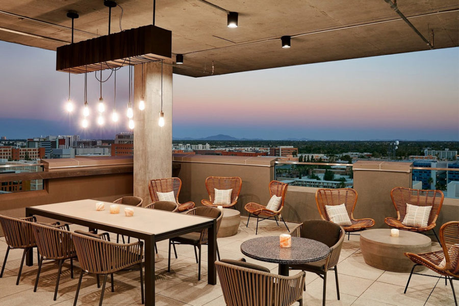 rooftop dining with view of pheonix at outrider rooftop restaurant