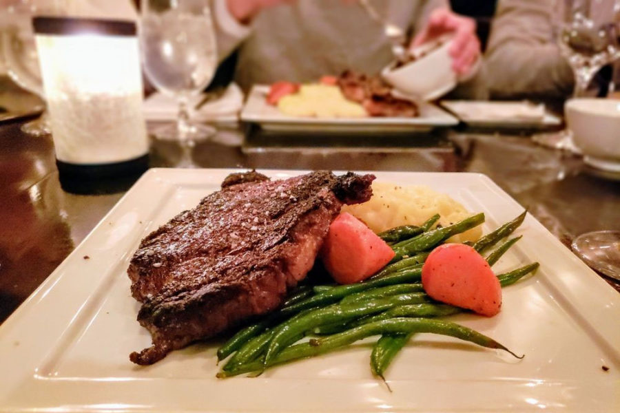 steak, mashed potatoes, and asparagus from rioja in denver