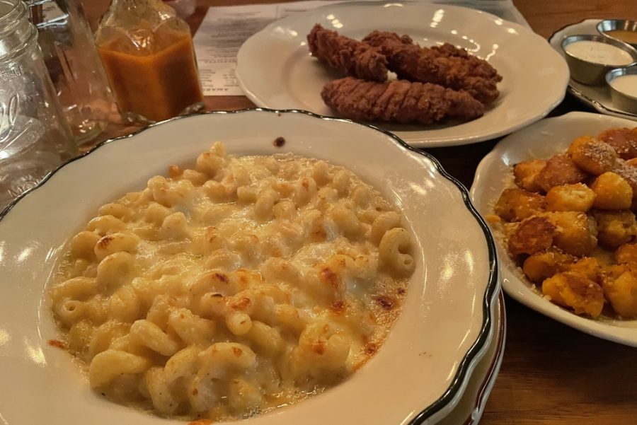 mac and cheese with fried chicken and potatoes wedges on the side from habberdish in charlotte