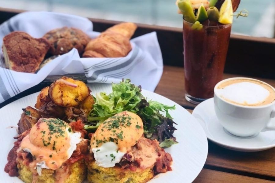 baked goods, egg benedict, coffee, and bloody mary from reel house in east boston