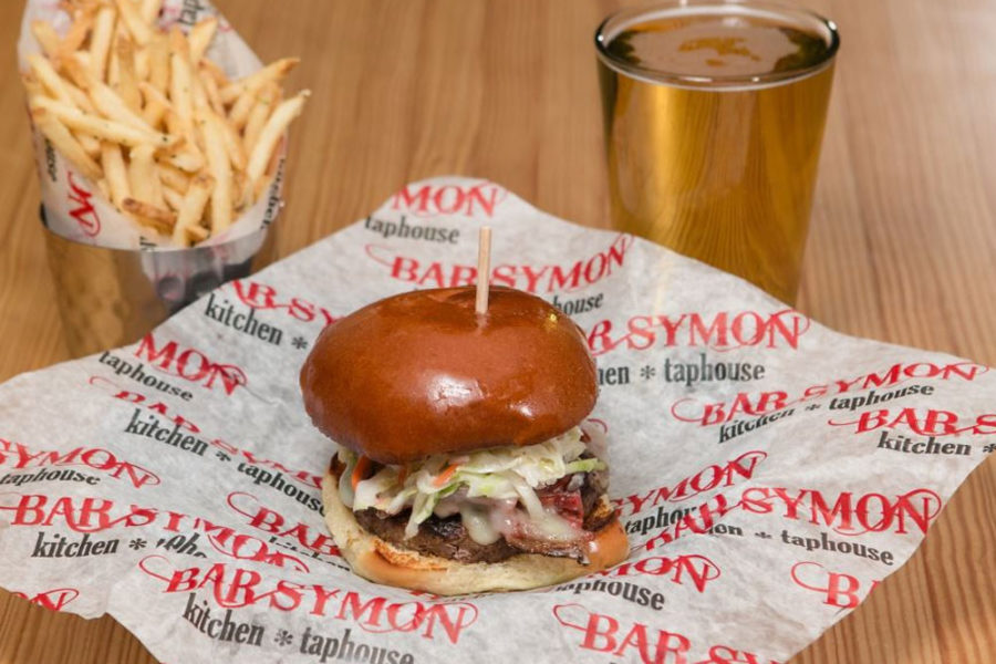 burger, fries, and beer from bar symon CLE airport