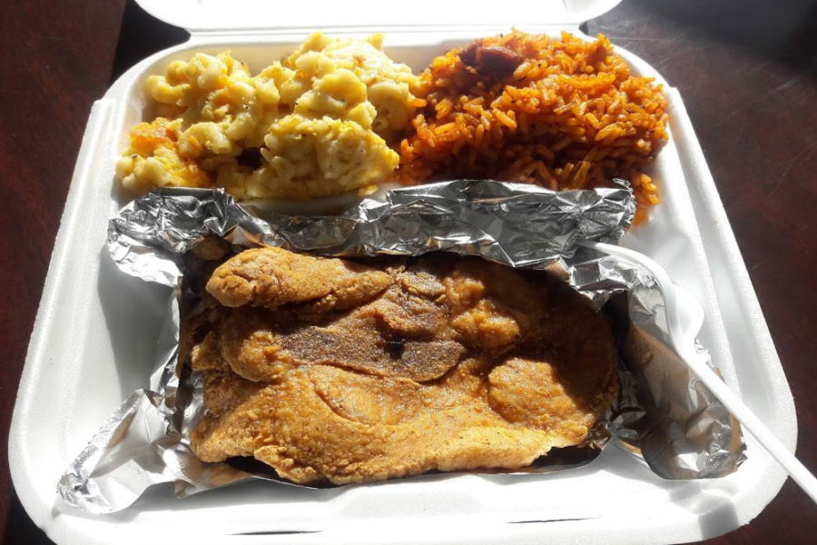 fried fish, rice, and mac and cheese from eastside soul food in charleston