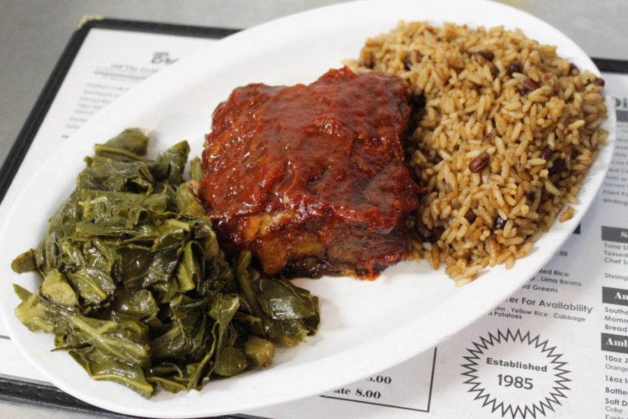 baby back ribs, rice, and collard greens from hannibal's soul kitchen in charleston