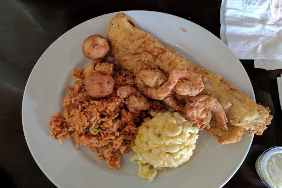 gumbo with rice, hush puppies, shrimp, and a large grouper finger from nigel's good food
