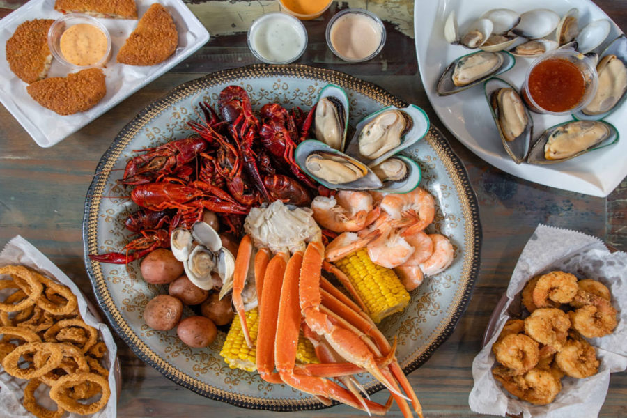 seafood boil with crawfish, oysters, shrimp, lobster, and calamari from phillip's seafood at atlanta international airport
