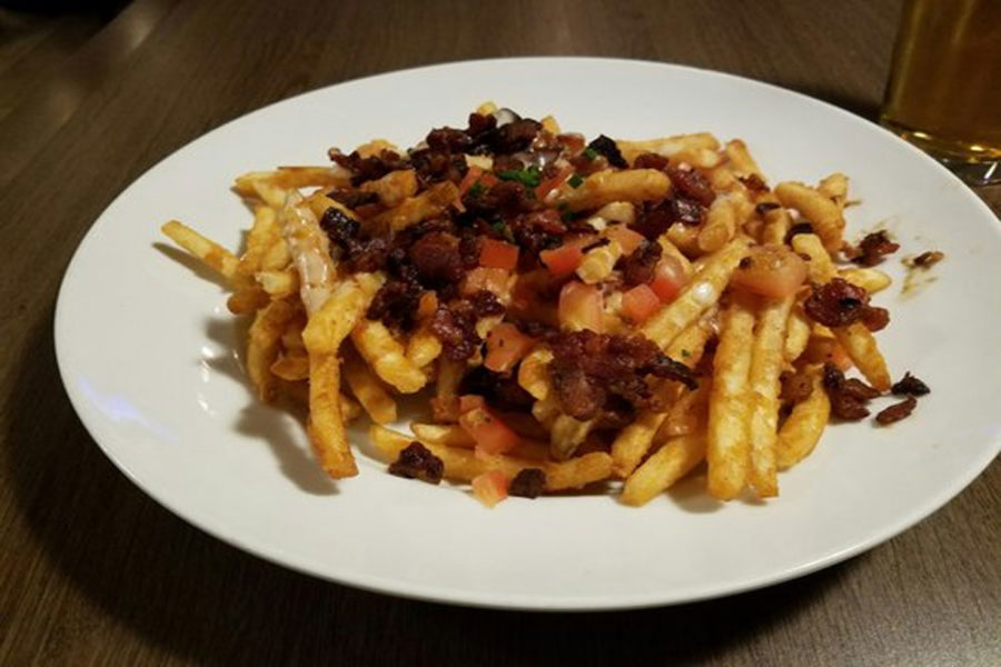 fully loaded fries with bacon bits sprinkled on top from the hub bar and grill at the holiday inn at the charlotte airport