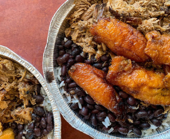 Rice and beans, pork, and plantains from La Cocina de Abuela in Gainesville, FL