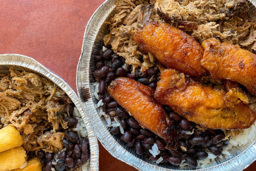 Rice and beans, pork, and plantains from La Cocina de Abuela in Gainesville, FL
