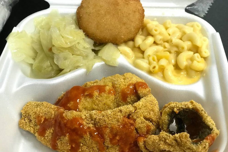 fried fish, cabbage, mac and cheese, and cornbread from big mama's in nashville