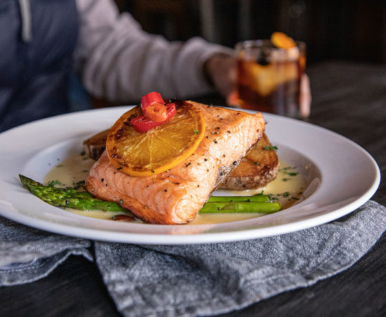 salmon dinner from denver chophouse and brew