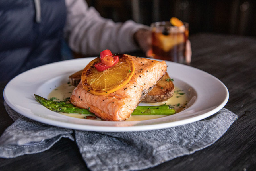 salmon dinner from denver chophouse and brew