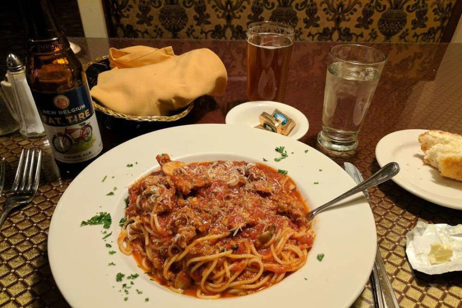 spaghetti with red meat sauce from diCiccos