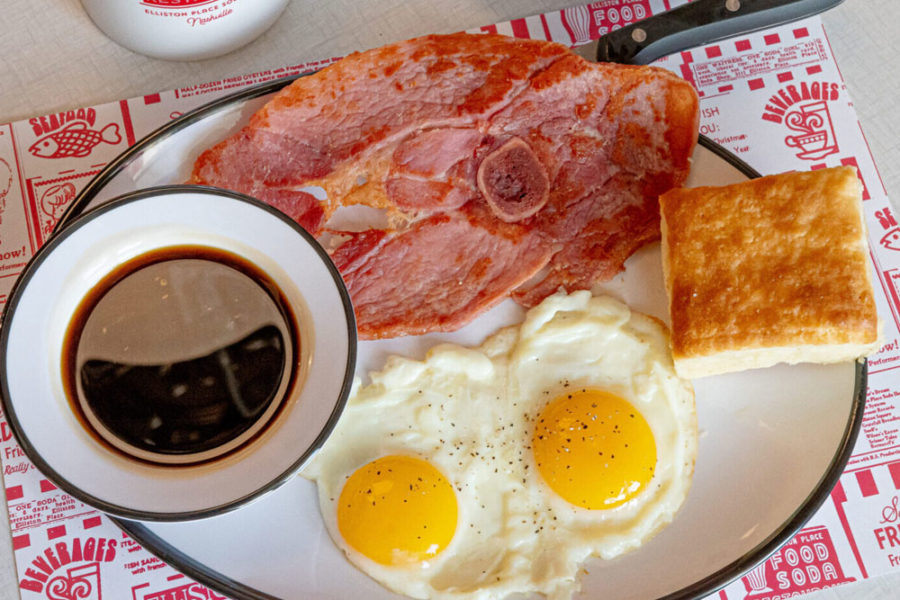 breakfast plate with eggs and ham from Elliston place soda restaurant