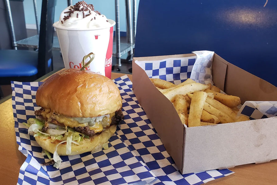 burger, fries, and a milkshake from Betty's Burgers Joint in honolulu, hawaii