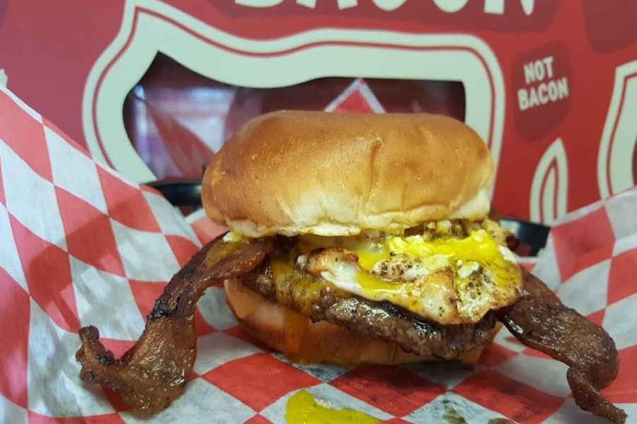 bacon and egg burger from Moo's BBQ in newton, IA
