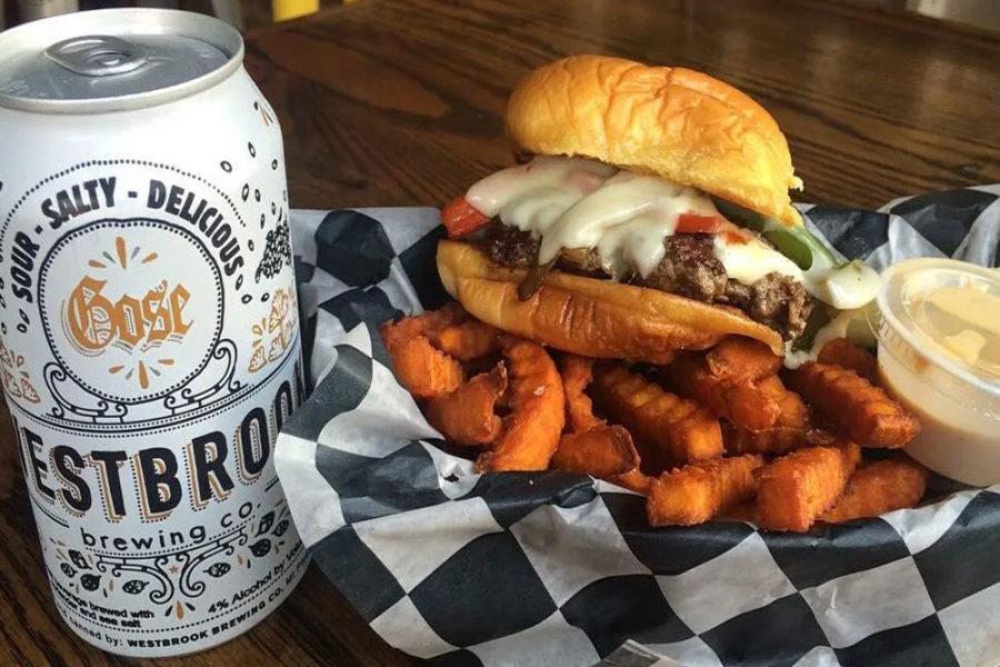 cheeseburger, sweet potato fries, and a beer from jack brown's beer and burger joint in nashville