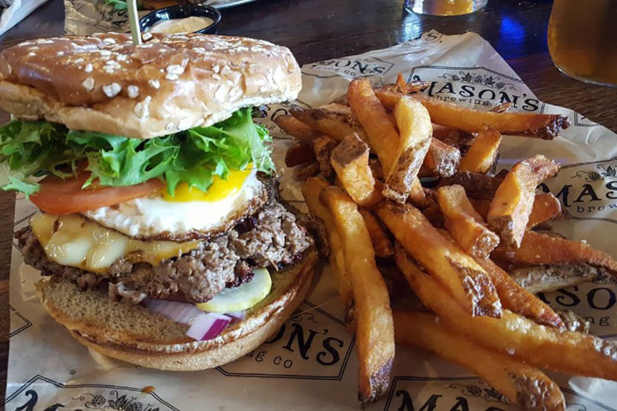 burger and fries from Mason's Brewing Company in brewer, maine