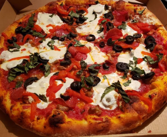 margherita pizza with olives and red peppers from mario's italian ristorante in charleston