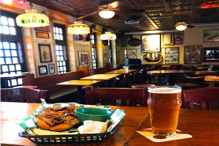 sandwich and a cold glass of beer from mcgillin's olde ale house in philadelphia