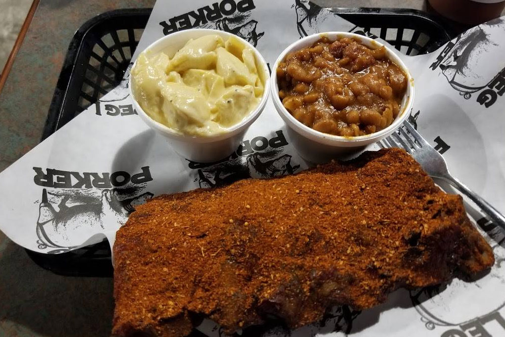 BBQ ribs with sides of mac and cheese and baked beans from Peg Leg Porker BBQ in Nashville