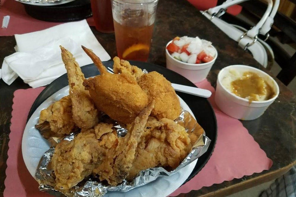 Fried chicken, mashed potatoes from Shirley Mae's Cafe, Louisville, KY