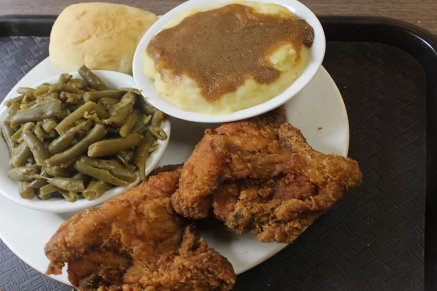 fried chicken, mashed potatoes, green beans, and a biscuit from silver sands cafe in nashville