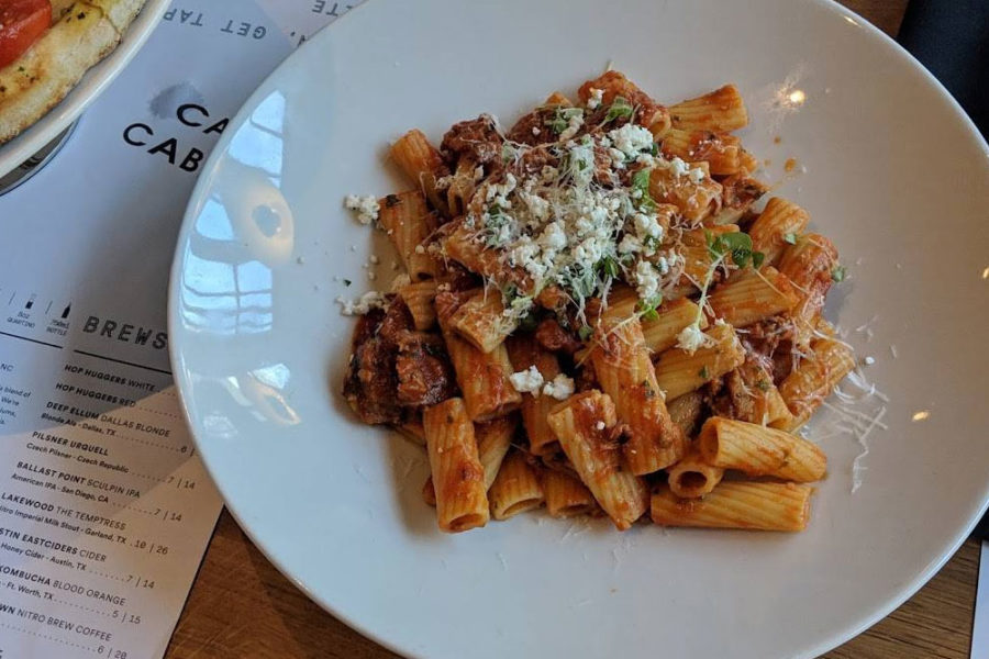 rigatoni pasta with red sauce and cheese sprinkled on top from sixty vines in dallas
