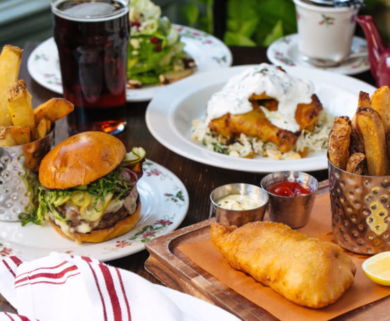 fish and chips, a burger and a side of fries from the dandelion in philadelphia