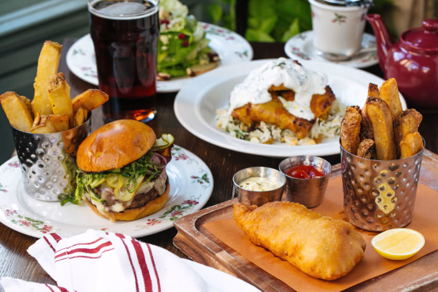 fish and chips, a burger and a side of fries from the dandelion in philadelphia