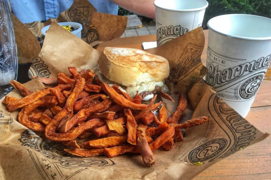burger and sweet potato fries from the pharmacy burger parlor and beer garden in charleston
