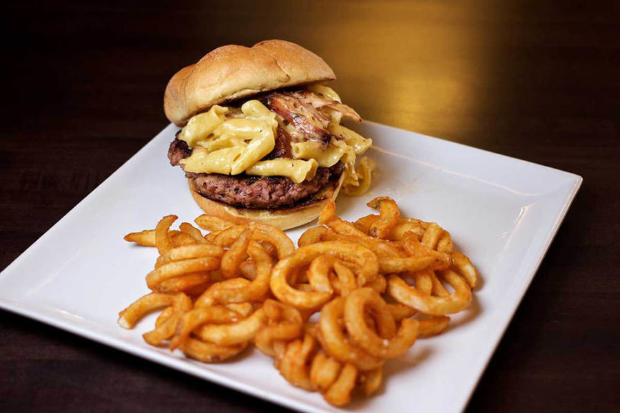 mac and cheese burger with side of curly fries from C85 Branding Iron in casper, wyoming