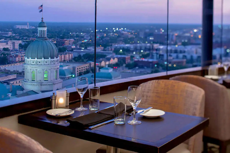 A view of the state capitol in Indiana at The Eagle's Nest restaurant in Indianapolis, IN